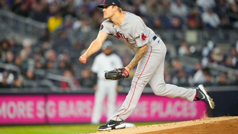 Apr 10, 2022; Bronx, New York, USA; Boston Red Sox pitcher Tanner Houck (89) delivers a pitch against the New York Yankees during the first inning at Yankee Stadium. Mandatory Credit: Gregory Fisher-USA TODAY Sports