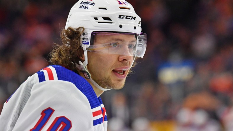 Apr 13, 2022; Philadelphia, Pennsylvania, USA; New York Rangers left wing Artemi Panarin (10) against the Philadelphia Flyers at Wells Fargo Center. Mandatory Credit: Eric Hartline-USA TODAY Sports