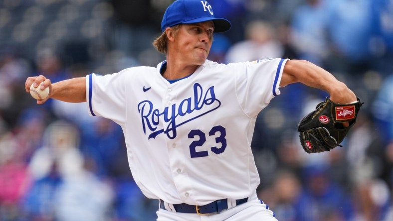 Apr 7, 2022; Kansas City, Missouri, USA; Kansas City Royals starting pitcher Zack Greinke (23) pitches against the Cleveland Guardians during the first inning at Kauffman Stadium. Mandatory Credit: Jay Biggerstaff-USA TODAY Sports