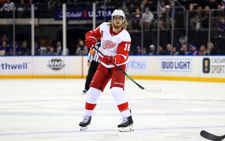 Apr 16, 2022; New York, New York, USA; Detroit Red Wings defenseman Marc Staal (18) passes the puck against the New York Rangers, his former team, during the first period at Madison Square Garden. Mandatory Credit: Danny Wild-USA TODAY Sports