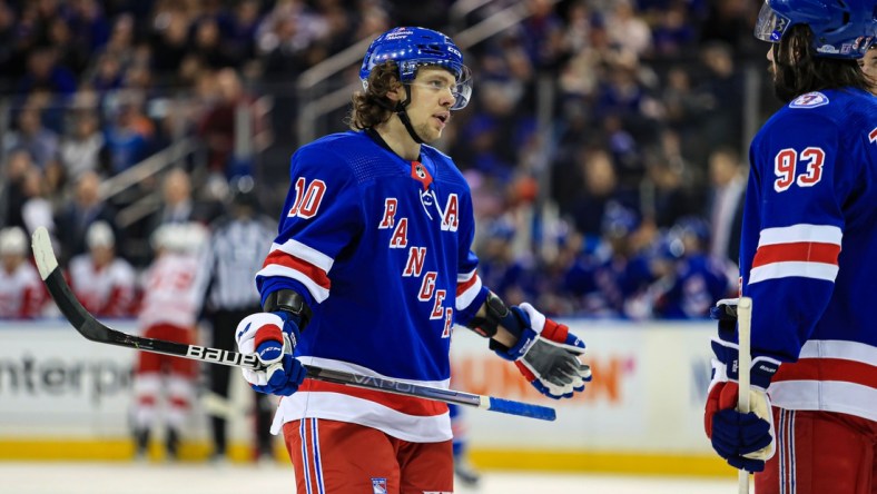 Apr 16, 2022; New York, New York, USA; New York Rangers left wing Artemi Panarin (10) talks to New York Rangers center Mika Zibanejad (93) during the second period against the Detroit Red Wings at Madison Square Garden. Mandatory Credit: Danny Wild-USA TODAY Sports