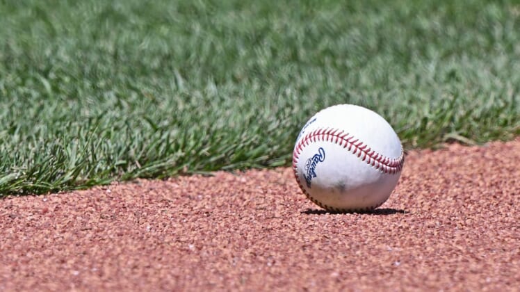 Apr 16, 2022; Kansas City, Missouri, USA;  A general view of a baseball on the field, prior to a game between the Detroit Tigers and Kansas City Royals at Kauffman Stadium. Mandatory Credit: Peter Aiken-USA TODAY Sports