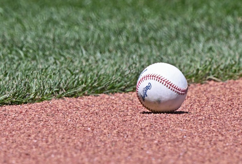 Apr 16, 2022; Kansas City, Missouri, USA;  A general view of a baseball on the field, prior to a game between the Detroit Tigers and Kansas City Royals at Kauffman Stadium. Mandatory Credit: Peter Aiken-USA TODAY Sports