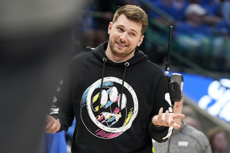 Apr 16, 2022; Dallas, Texas, USA; Dallas Mavericks 77 guard Luka Doncic (77) during the second half of game one of the first round against the Utah Jazz for the 2022 NBA playoffs at American Airlines Center. Mandatory Credit: Scott Wachter-USA TODAY Sports