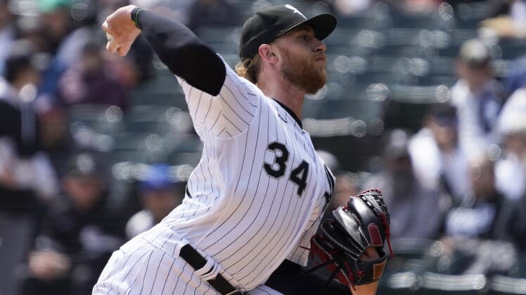 Apr 16, 2022; Chicago, Illinois, USA; Chicago White Sox starting pitcher Michael Kopech (34) throws the ball against the Tampa Bay Rays during the first inning at Guaranteed Rate Field. Mandatory Credit: David Banks-USA TODAY Sports