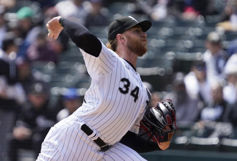 Apr 16, 2022; Chicago, Illinois, USA; Chicago White Sox starting pitcher Michael Kopech (34) throws the ball against the Tampa Bay Rays during the first inning at Guaranteed Rate Field. Mandatory Credit: David Banks-USA TODAY Sports