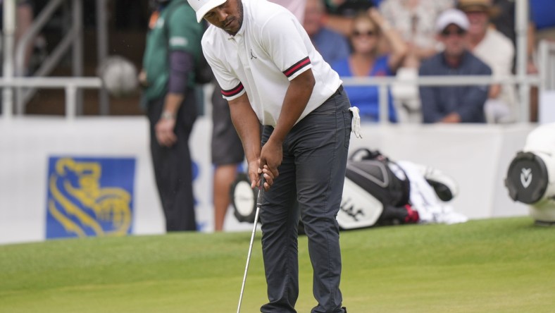 Apr 16, 2022; Hilton Head, South Carolina, USA; Harold Varner III putts during the third round of the RBC Heritage golf tournament. Mandatory Credit: David Yeazell-USA TODAY Sports