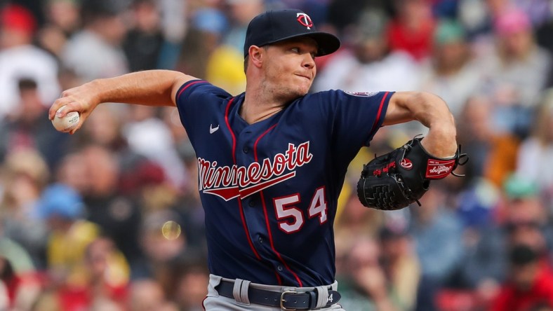 Apr 16, 2022; Boston, Massachusetts, USA; Minnesota Twins starting pitcher Sonny Gray (54) throws a pitch during the second inning against the Boston Red Sox at Fenway Park. Mandatory Credit: Paul Rutherford-USA TODAY Sports