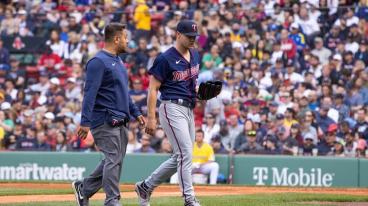 Apr 16, 2022; Boston, Massachusetts, USA; Minnesota Twins starting pitcher Sonny Gray (54) walks off the field during the second inning against the Boston Red Sox at Fenway Park. Mandatory Credit: Paul Rutherford-USA TODAY Sports