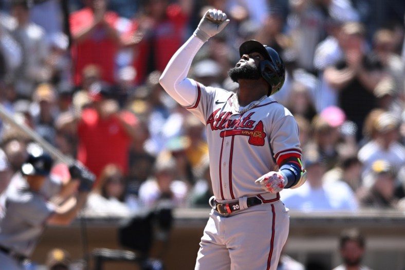 Apr 16, 2022; San Diego, California, USA; Atlanta Braves left fielder Marcell Ozuna (20) gestures after hitting a home run against the San Diego Padres during the fifth inning at Petco Park. Mandatory Credit: Orlando Ramirez-USA TODAY Sports