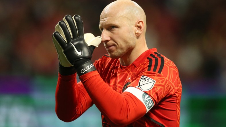 Apr 16, 2022; Atlanta, Georgia, USA; Atlanta United goalkeeper Brad Guzan (1) reacts in the first half against the FC Cincinnati at Mercedes-Benz Stadium. Mandatory Credit: Brett Davis-USA TODAY Sports