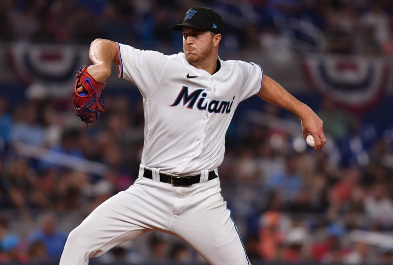 Apr 16, 2022; Miami, Florida, USA; Miami Marlins starting pitcher Trevor Rogers (28) pitches against the Philadelphia Phillies in the second inning at loanDepot Park. Mandatory Credit: Jim Rassol-USA TODAY Sports