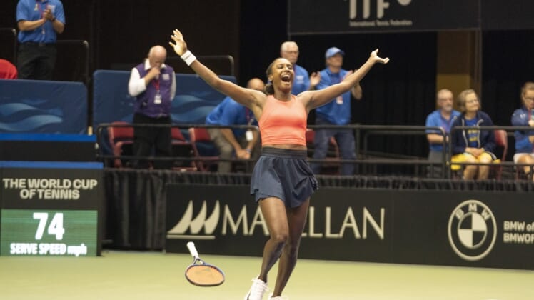 Apr 16, 2022; Asheville, NC, USA;  Asia Muhammad (USA) celebrates after winning the doubles with Jessica Pegula (USA) in the Billie Jean King Cup tie between USA and Ukraine at Harrah's Cherokee Center. Mandatory Credit: Susan Mullane-USA TODAY Sports