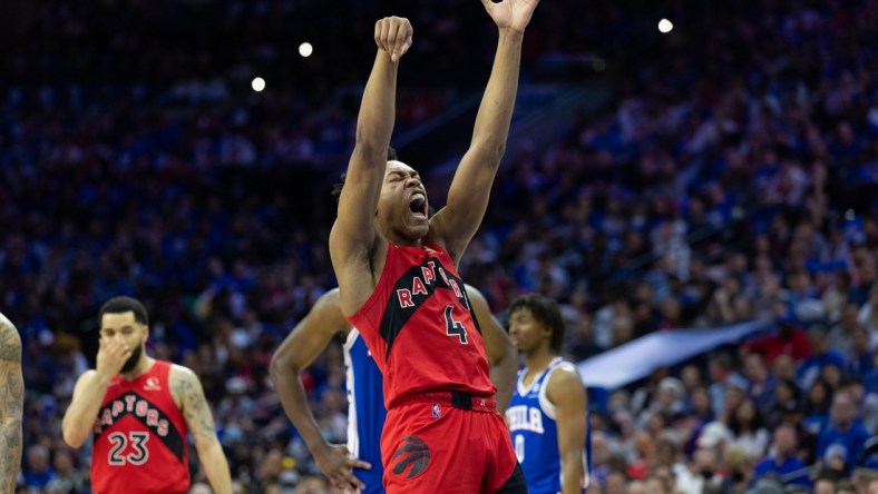 Apr 16, 2022; Philadelphia, Pennsylvania, USA; Toronto Raptors forward Scottie Barnes (4) reacts after missing a foul shot during the second quarter against the Philadelphia 76ers in game one of the first round for the 2022 NBA playoffs at Wells Fargo Center. Mandatory Credit: Bill Streicher-USA TODAY Sports