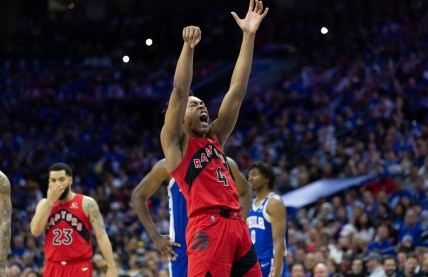 Apr 16, 2022; Philadelphia, Pennsylvania, USA; Toronto Raptors forward Scottie Barnes (4) reacts after missing a foul shot during the second quarter against the Philadelphia 76ers in game one of the first round for the 2022 NBA playoffs at Wells Fargo Center. Mandatory Credit: Bill Streicher-USA TODAY Sports