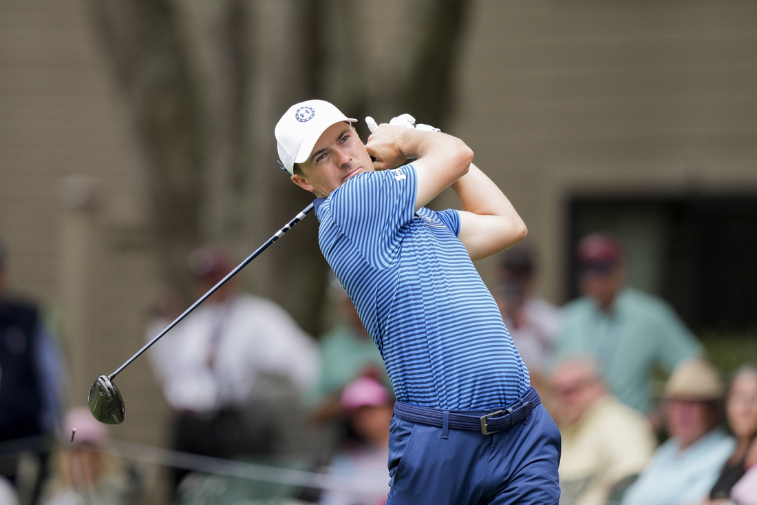 Apr 16, 2022; Hilton Head, South Carolina, USA; Jordan Spieth hits his tee shot during the third round of the RBC Heritage golf tournament. Mandatory Credit: David Yeazell-USA TODAY Sports