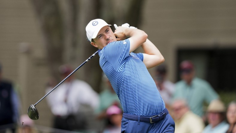 Apr 16, 2022; Hilton Head, South Carolina, USA; Jordan Spieth hits his tee shot during the third round of the RBC Heritage golf tournament. Mandatory Credit: David Yeazell-USA TODAY Sports