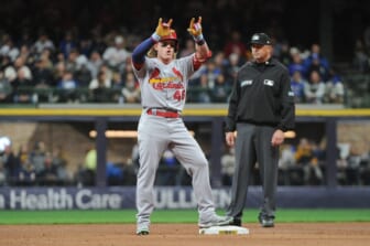 Apr 16, 2022; Milwaukee, Wisconsin, USA;  St. Louis Cardinals center fielder Harrison Bader (48) celebrates hitting a double in the seventh inning against the Milwaukee Brewers at American Family Field. Mandatory Credit: Michael McLoone-USA TODAY Sports