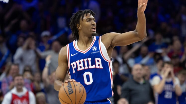 Apr 16, 2022; Philadelphia, Pennsylvania, USA; Philadelphia 76ers guard Tyrese Maxey (0) dribbles up court against the Toronto Raptors during the third quarter of game one of the first round for the 2022 NBA playoffs at Wells Fargo Center. Mandatory Credit: Bill Streicher-USA TODAY Sports