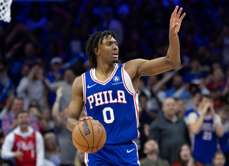 Apr 16, 2022; Philadelphia, Pennsylvania, USA; Philadelphia 76ers guard Tyrese Maxey (0) dribbles up court against the Toronto Raptors during the third quarter of game one of the first round for the 2022 NBA playoffs at Wells Fargo Center. Mandatory Credit: Bill Streicher-USA TODAY Sports