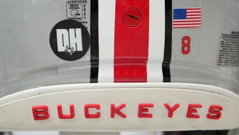 A sticker honoring the late Dwayne Haskins adorns helmets of Ohio State Buckeyes players during the spring football game at Ohio Stadium. Mandatory Credit: Adam Cairns-The Columbus Dispatch

Ncaa Football Ohio State Spring Game