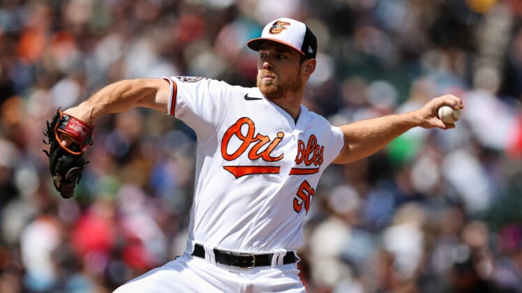 Apr 17, 2022; Baltimore, Maryland, USA; Baltimore Orioles starting pitcher Bruce Zimmermann (50) pitches against the New York Yankees during the second inning at Oriole Park at Camden Yards. Mandatory Credit: Scott Taetsch-USA TODAY Sports