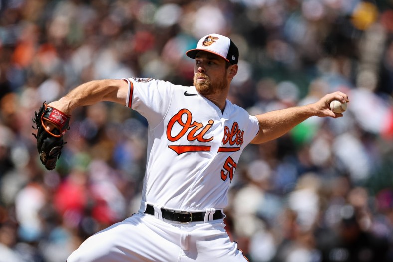Apr 17, 2022; Baltimore, Maryland, USA; Baltimore Orioles starting pitcher Bruce Zimmermann (50) pitches against the New York Yankees during the second inning at Oriole Park at Camden Yards. Mandatory Credit: Scott Taetsch-USA TODAY Sports