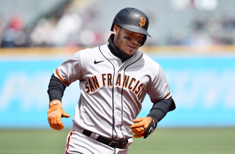 Apr 17, 2022; Cleveland, Ohio, USA; San Francisco Giants second baseman Thairo Estrada (39) rounds the bases after hitting a home run second inning against the Cleveland Guardians at Progressive Field. Mandatory Credit: Ken Blaze-USA TODAY Sports