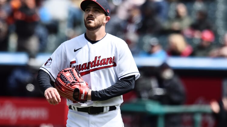 Apr 17, 2022; Cleveland, Ohio, USA; Cleveland Guardians starting pitcher Aaron Civale (43) reacts after giving up a home run to San Francisco Giants second baseman Thairo Estrada (not pictured) during the second inning at Progressive Field. Mandatory Credit: Ken Blaze-USA TODAY Sports
