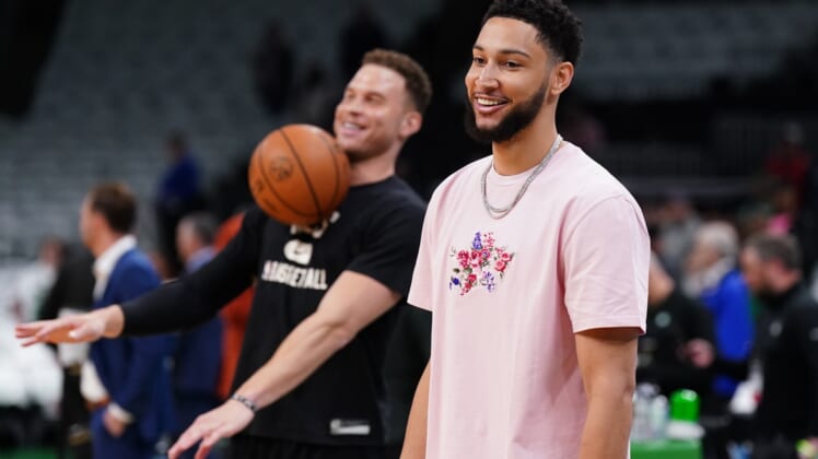 Apr 17, 2022; Boston, Massachusetts, USA; Brooklyn Nets forward Blake Griffin (2) and guard Ben Simmons (10) on the court before the start of the first round against the Boston Celtics for the 2022 NBA playoffs at TD Garden. Mandatory Credit: David Butler II-USA TODAY Sports