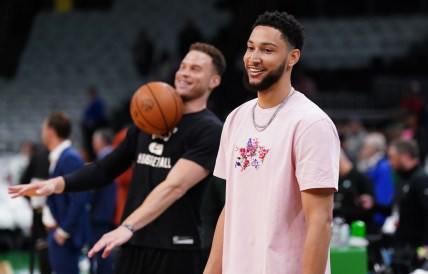 Apr 17, 2022; Boston, Massachusetts, USA; Brooklyn Nets forward Blake Griffin (2) and guard Ben Simmons (10) on the court before the start of the first round against the Boston Celtics for the 2022 NBA playoffs at TD Garden. Mandatory Credit: David Butler II-USA TODAY Sports