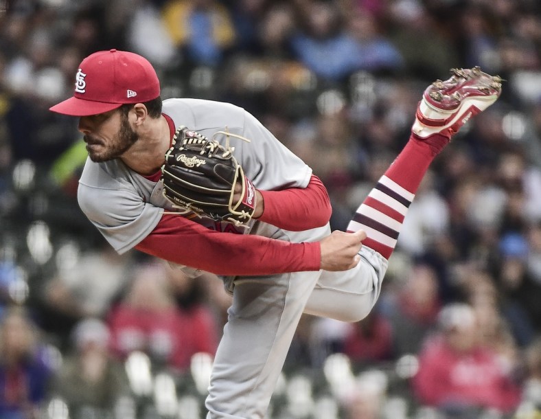 Apr 17, 2022; Milwaukee, Wisconsin, USA; St. Louis Cardinals pitcher Dakota Hudson (43) throws a pitch in the first inning against the Milwaukee Brewers at American Family Field. Mandatory Credit: Benny Sieu-USA TODAY Sports