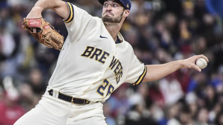 Apr 17, 2022; Milwaukee, Wisconsin, USA;  Milwaukee Brewers pitcher Aaron Ashby (26) throws a pitch in the first inning against the St. Louis Cardinals at American Family Field. Mandatory Credit: Benny Sieu-USA TODAY Sports