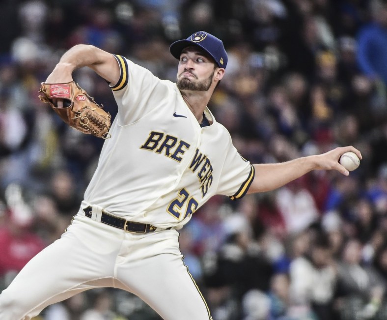Apr 17, 2022; Milwaukee, Wisconsin, USA;  Milwaukee Brewers pitcher Aaron Ashby (26) throws a pitch in the first inning against the St. Louis Cardinals at American Family Field. Mandatory Credit: Benny Sieu-USA TODAY Sports