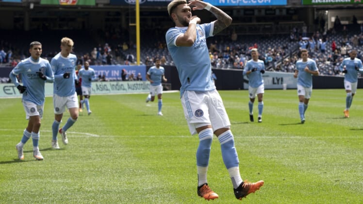 Apr 17, 2022; New York, New York, USA; New York City FC forward Valentin Castellanos (11) reacts to scoring a goal against the Real Salt Lake during the first half  at Yankee Stadium. Mandatory Credit: Gregory Fisher-USA TODAY Sports