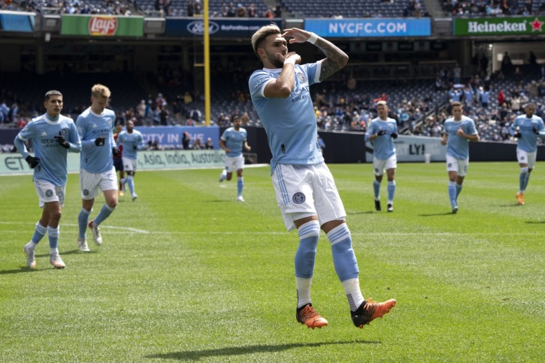 Apr 17, 2022; New York, New York, USA; New York City FC forward Valentin Castellanos (11) reacts to scoring a goal against the Real Salt Lake during the first half  at Yankee Stadium. Mandatory Credit: Gregory Fisher-USA TODAY Sports
