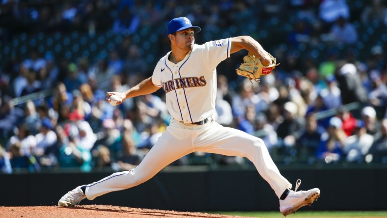 Apr 17, 2022; Seattle, Washington, USA; Seattle Mariners starting pitcher Matt Brash (47) throws against the Houston Astros during the second inning at T-Mobile Park. Mandatory Credit: Joe Nicholson-USA TODAY Sports