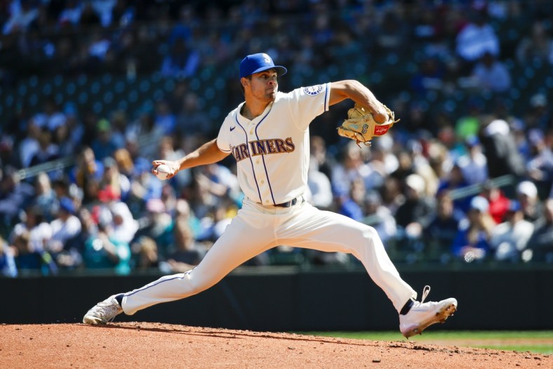 Apr 17, 2022; Seattle, Washington, USA; Seattle Mariners starting pitcher Matt Brash (47) throws against the Houston Astros during the second inning at T-Mobile Park. Mandatory Credit: Joe Nicholson-USA TODAY Sports