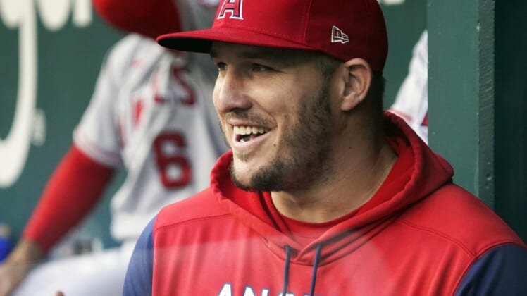 Apr 17, 2022; Arlington, Texas, USA; Los Angeles Angels center fielder Mike Trout (27) stands in the dugout during the eighth inning of a game against the Texas Rangers at Globe Life Field. Mandatory Credit: Raymond Carlin III-USA TODAY Sports