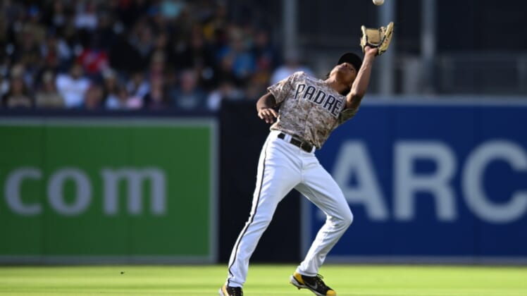 Apr 17, 2022; San Diego, California, USA; San Diego Padres shortstop C.J. Abrams catches a pop-up hit by Atlanta Braves left fielder Marcell Ozuna (not pictured) during the fourth inning at Petco Park. Mandatory Credit: Orlando Ramirez-USA TODAY Sports