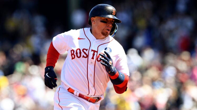 Apr 18, 2022; Boston, Massachusetts, USA; Boston Red Sox catcher Christian Vazquez (7) runs the bases after hitting a solo home run against the Minnesota Twins during the seventh inning at Fenway Park. Mandatory Credit: Brian Fluharty-USA TODAY Sports