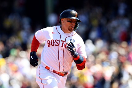 Apr 18, 2022; Boston, Massachusetts, USA; Boston Red Sox catcher Christian Vazquez (7) runs the bases after hitting a solo home run against the Minnesota Twins during the seventh inning at Fenway Park. Mandatory Credit: Brian Fluharty-USA TODAY Sports