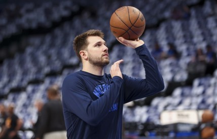 Apr 18, 2022; Dallas, Texas, USA; Dallas Mavericks guard Luka Doncic warms up before game two of the first round of the 2022 NBA playoffs against the Utah Jazz at American Airlines Center. Mandatory Credit: Kevin Jairaj-USA TODAY Sports