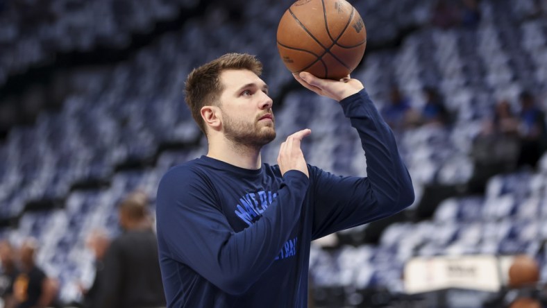 Apr 18, 2022; Dallas, Texas, USA; Dallas Mavericks guard Luka Doncic warms up before game two of the first round of the 2022 NBA playoffs against the Utah Jazz at American Airlines Center. Mandatory Credit: Kevin Jairaj-USA TODAY Sports