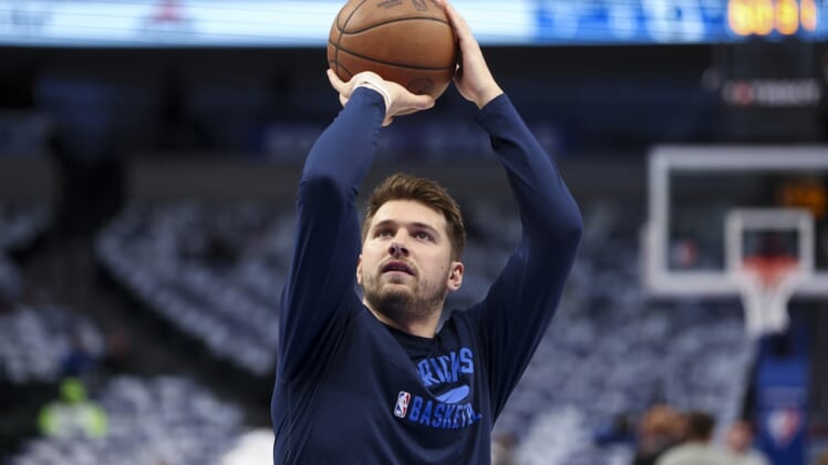 Apr 18, 2022; Dallas, Texas, USA; Dallas Mavericks guard Luka Doncic warms up before game two of the first round of the 2022 NBA playoffs against the Utah Jazz at American Airlines Center. Mandatory Credit: Kevin Jairaj-USA TODAY Sports