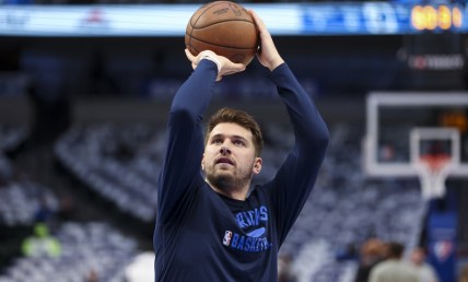 Apr 18, 2022; Dallas, Texas, USA; Dallas Mavericks guard Luka Doncic warms up before game two of the first round of the 2022 NBA playoffs against the Utah Jazz at American Airlines Center. Mandatory Credit: Kevin Jairaj-USA TODAY Sports