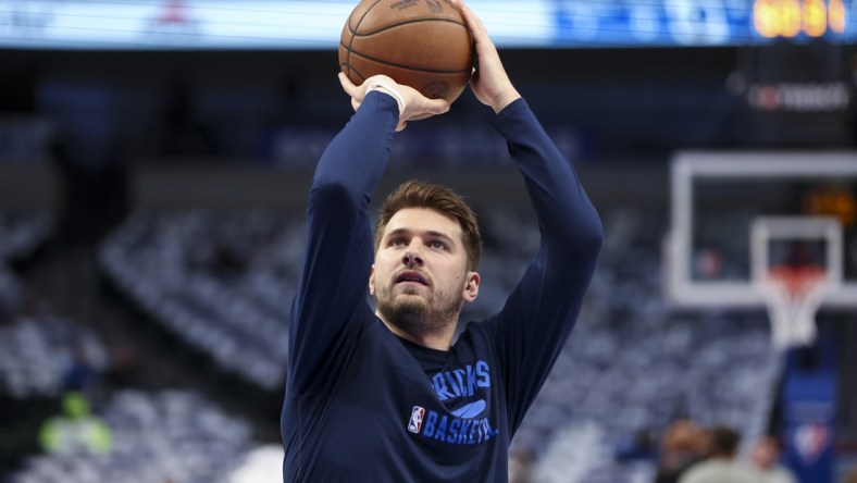 Apr 18, 2022; Dallas, Texas, USA; Dallas Mavericks guard Luka Doncic warms up before game two of the first round of the 2022 NBA playoffs against the Utah Jazz at American Airlines Center. Mandatory Credit: Kevin Jairaj-USA TODAY Sports