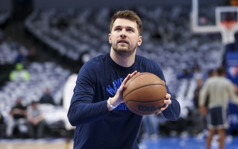 Apr 18, 2022; Dallas, Texas, USA; Dallas Mavericks guard Luka Doncic warms up before game two of the first round of the 2022 NBA playoffs against the Utah Jazz at American Airlines Center. Mandatory Credit: Kevin Jairaj-USA TODAY Sports