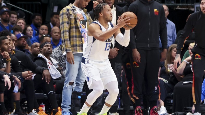 Apr 18, 2022; Dallas, Texas, USA; Dallas Mavericks guard Jalen Brunson (13) shoots against the Utah Jazz during the second quarter in game two of the first round of the 2022 NBA playoffs at American Airlines Center. Mandatory Credit: Kevin Jairaj-USA TODAY Sports