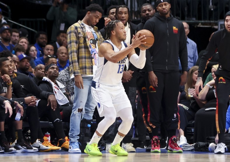 Apr 18, 2022; Dallas, Texas, USA; Dallas Mavericks guard Jalen Brunson (13) shoots against the Utah Jazz during the second quarter in game two of the first round of the 2022 NBA playoffs at American Airlines Center. Mandatory Credit: Kevin Jairaj-USA TODAY Sports